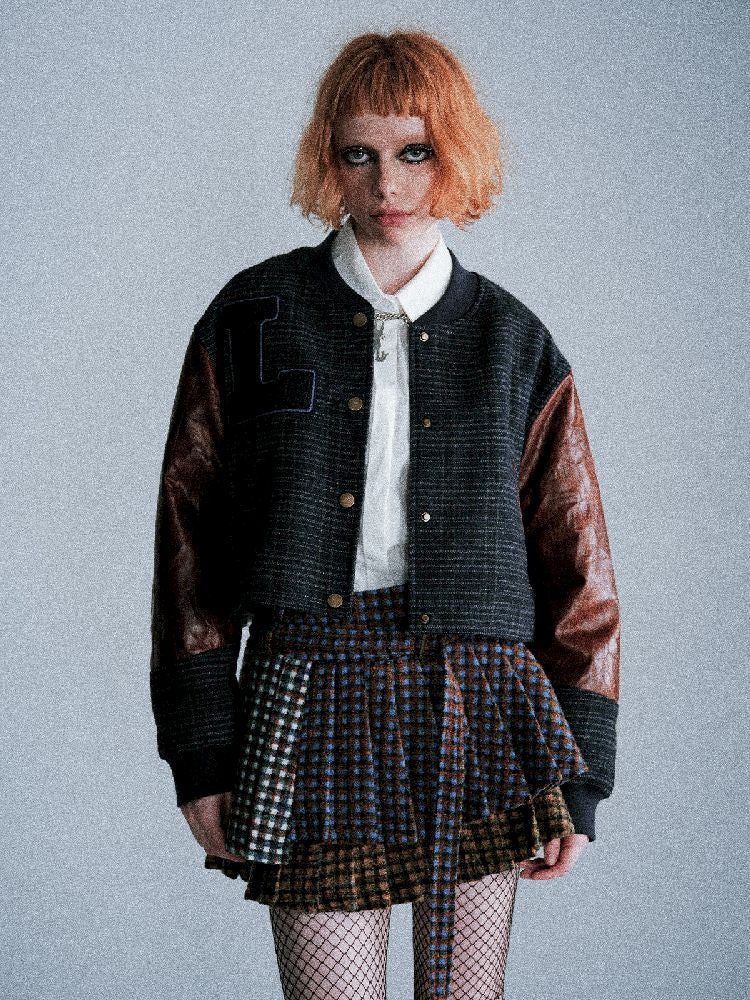 Checkered Patchwork Baseball Jacket