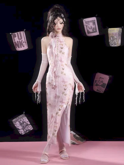 Butterfly Print Slit Tie Long Pink Cheongsam Dress