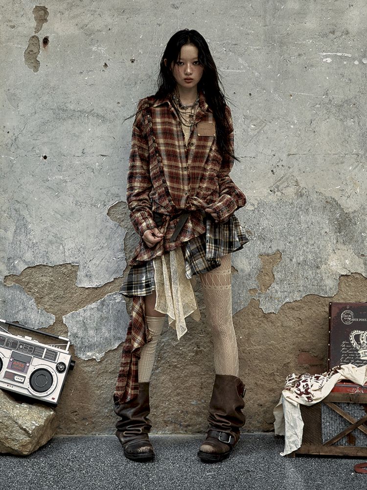 Spliced Plaid Irregular Half-body Skirt