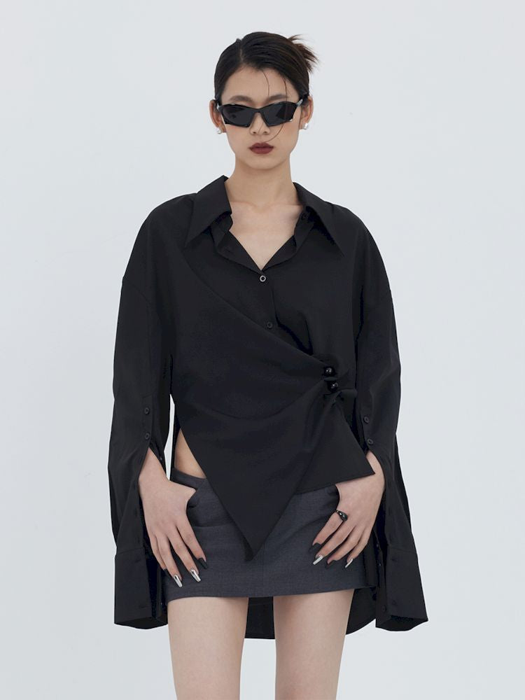 Asymmetric Hem Pleated Loose Pointed Collar Shirt