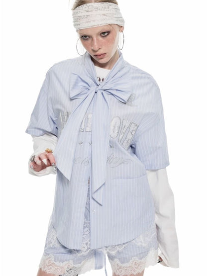 Bow Tie Ballgown Striped Short Sleeve Shirt