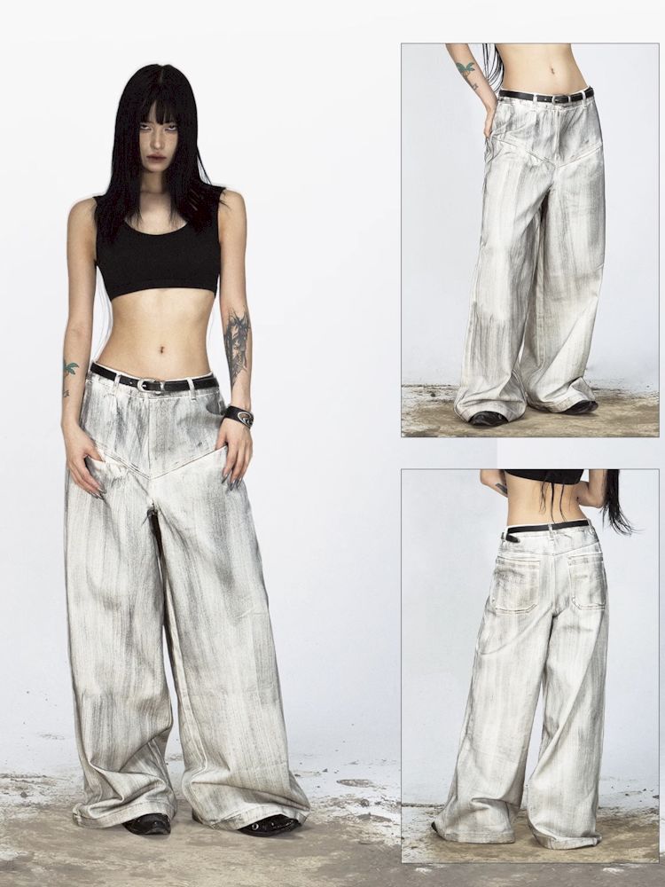 Stained Brushed Colour Straight Wide Leg Jeans