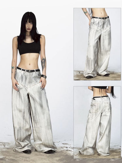 Stained Brushed Colour Straight Wide Leg Jeans