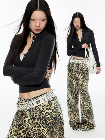 Leopard Print Canvas Wide Leg Pants