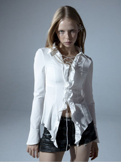 Ruffle Slim Tie Zipper Shirt