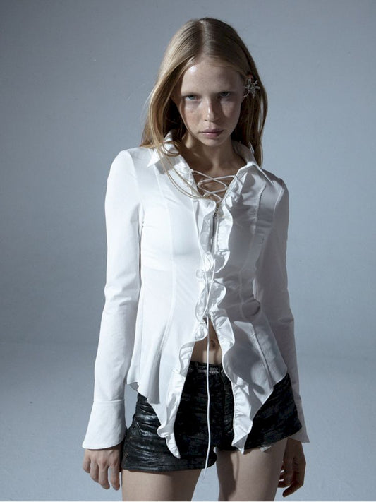 Ruffle Slim Tie Zipper Shirt