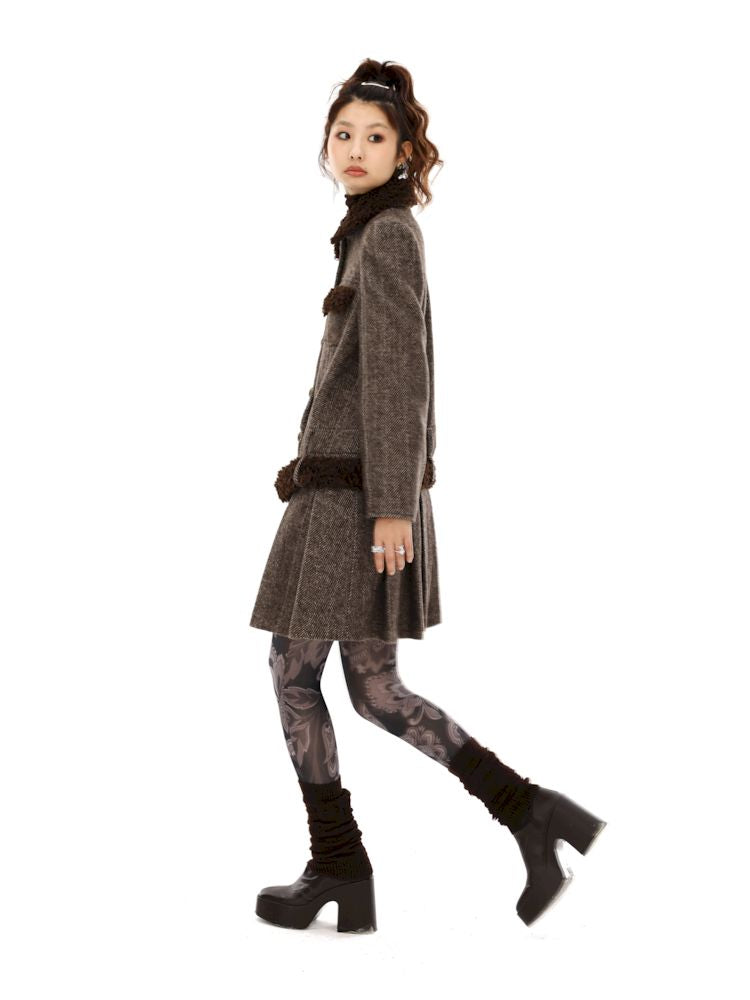 Tweed Single Breasted Coat Jacket Pleated Skirt