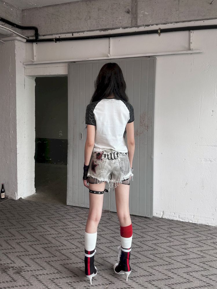 American Vintage Letter Embroidery Knit Short Sleeve T-Shirt