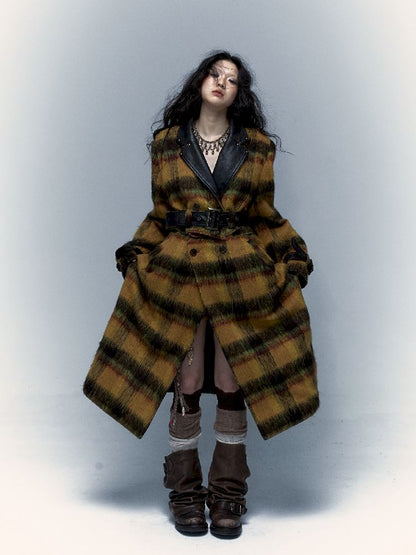 Reversible plaid patchwork leather trench coat