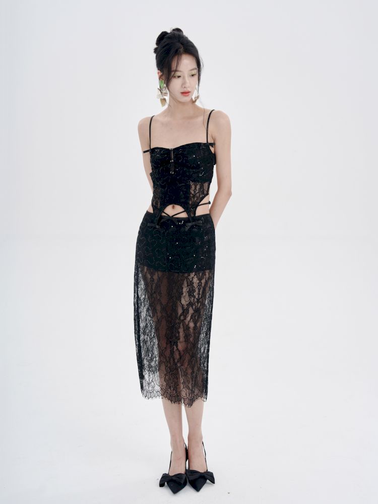 Black Lace Camisole + Low Waist Lace Half Skirt Set