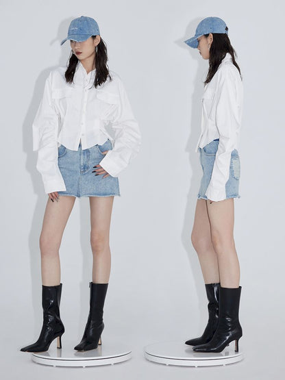 Pinch Pleated Curved Sleeve Short Shirt