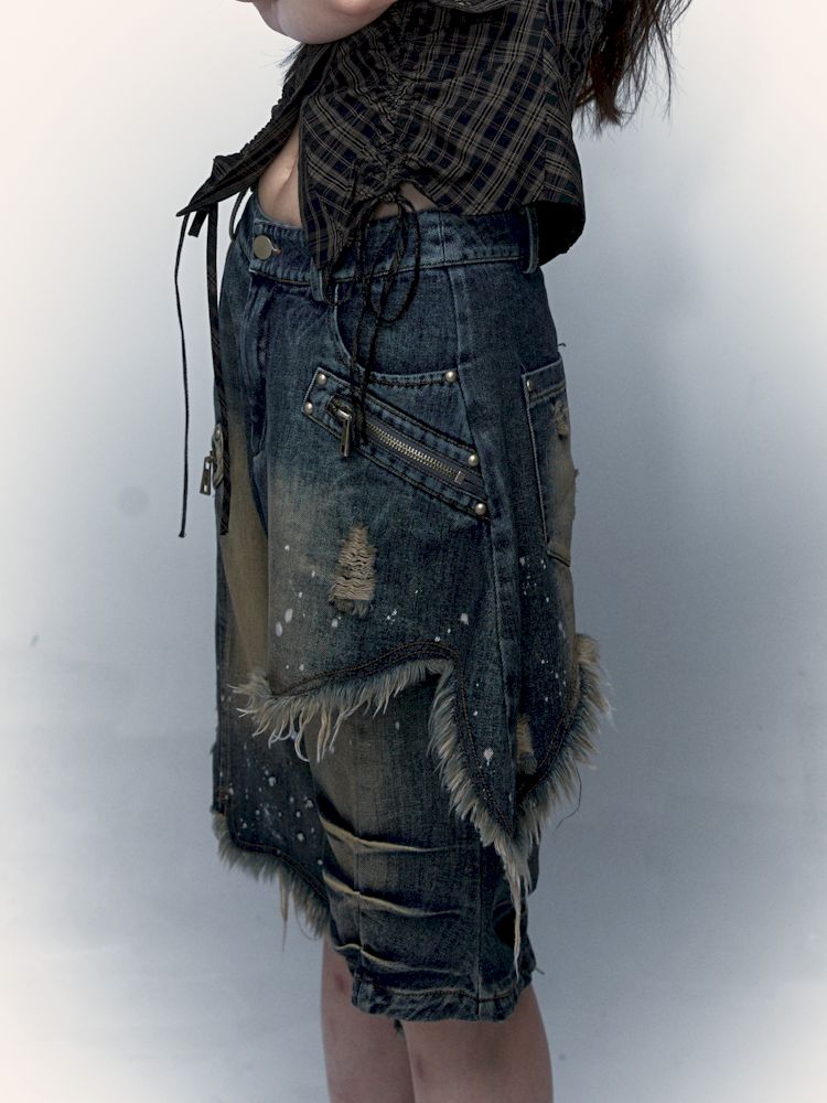 Punk street washed and worn wide-leg jeans