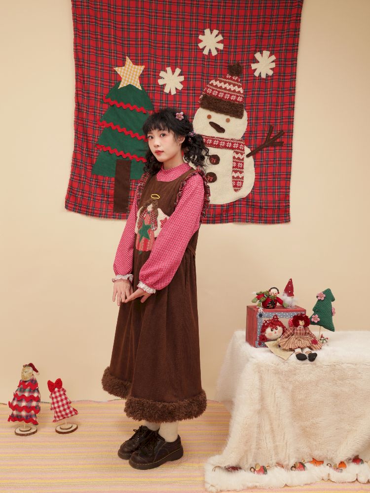 Cherub Color Plaid Appliqué Corduroy Vest Dress