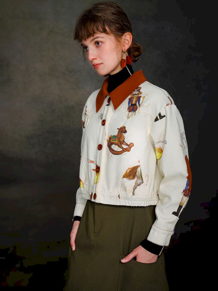 British retro brown red polo collar short jacket