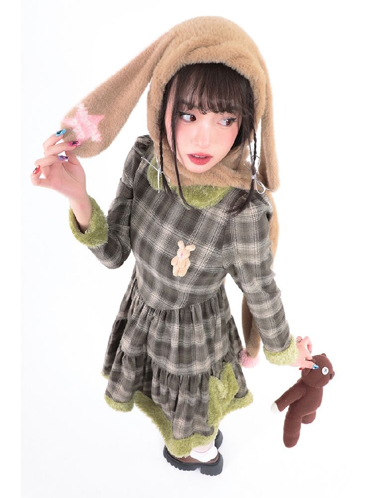 Bunny Doll Green Brown Plaid Petal Dress