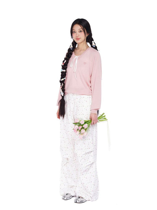 Wheat ears embroidery label soft V-neck loose long-sleeved jumper