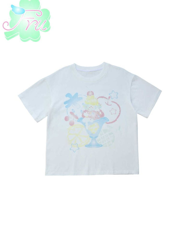 White Cartoon Printed Girls Short Sleeve T-Shirt