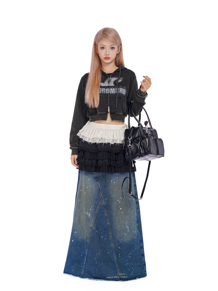 Washed splash ink flinging point spray denim bustier skirt