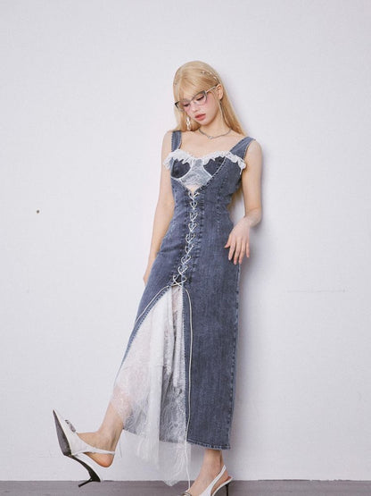 Lace Splicing Lace Tie Slim Split Denim Long Skirt