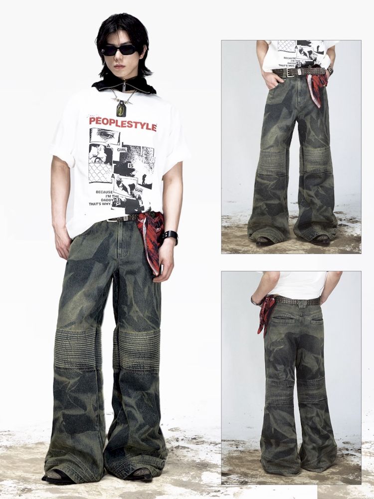 Dirty Dye Frayed Spliced Wide Leg Jeans