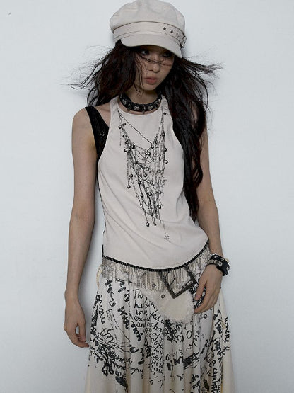 Fake Two Piece Clashing Fringe Patchwork Vest