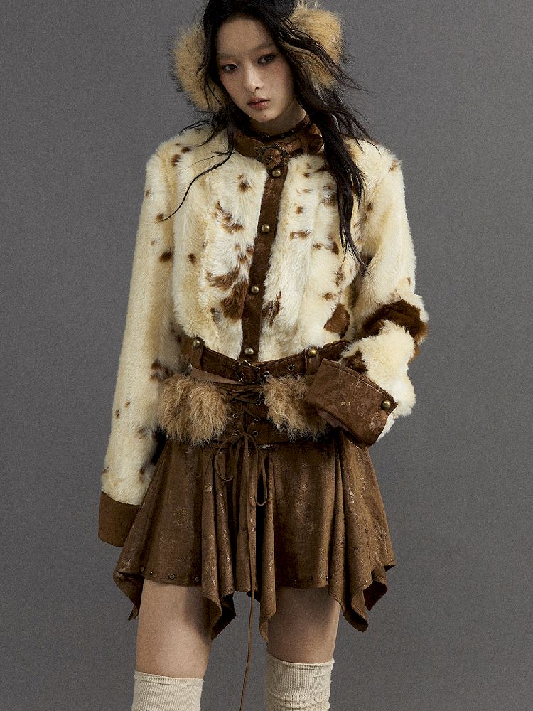 Patchwork collar short fur coat