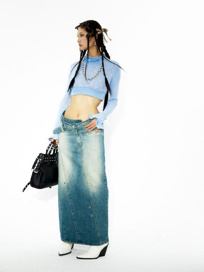 Washed denim slimming straight long half skirt