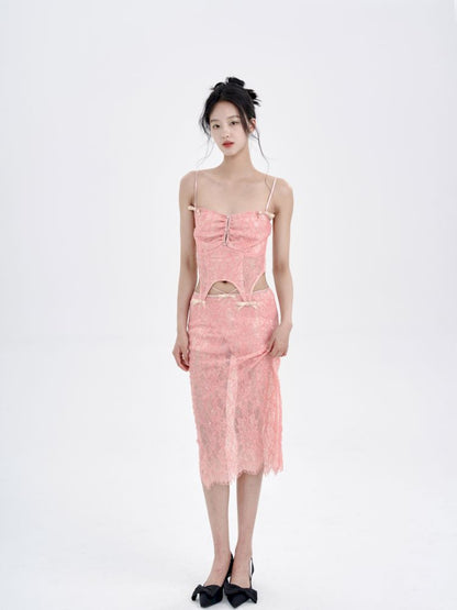 Peach Lace Camisole + Low Waist Lace Half Skirt Set