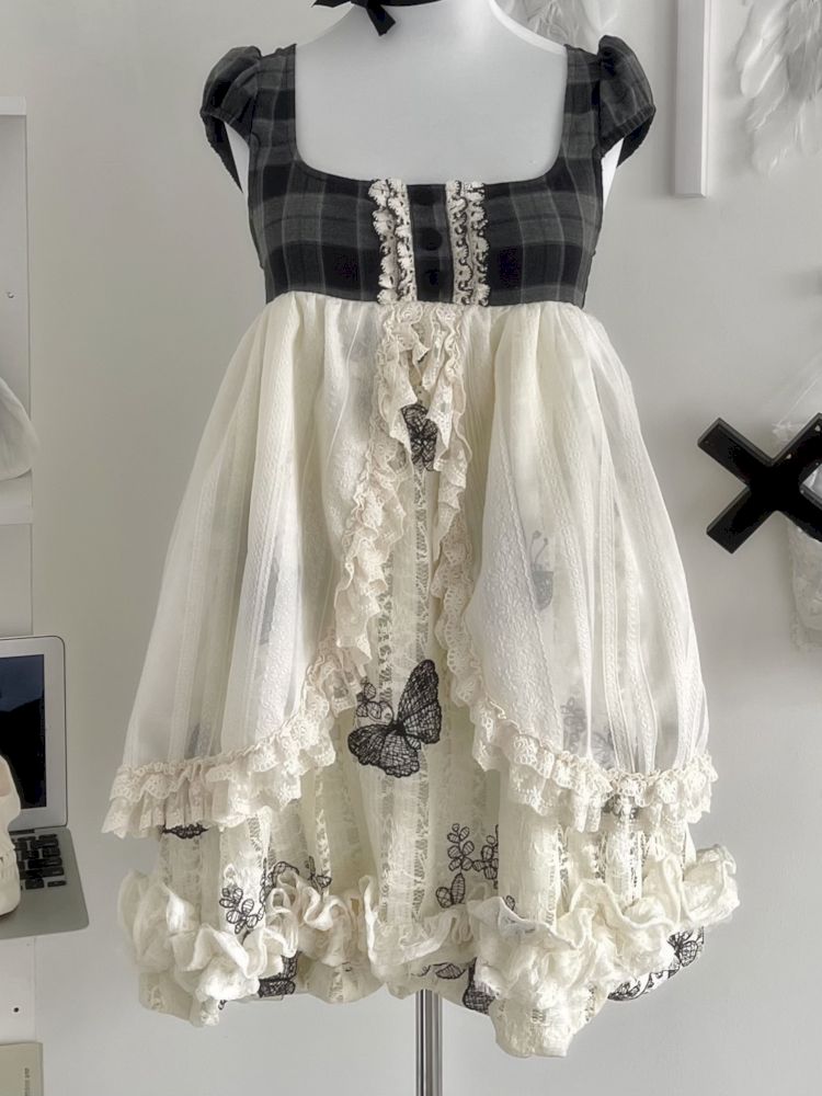 Butterfly Embroidered Lattice Lace Patchwork Antique Doll Dress