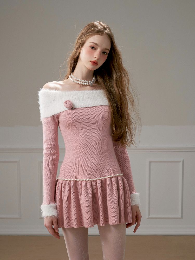 One-Shoulder Faux Mink Knit Dress