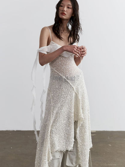 Knit Sequin Irregular Halter Dress