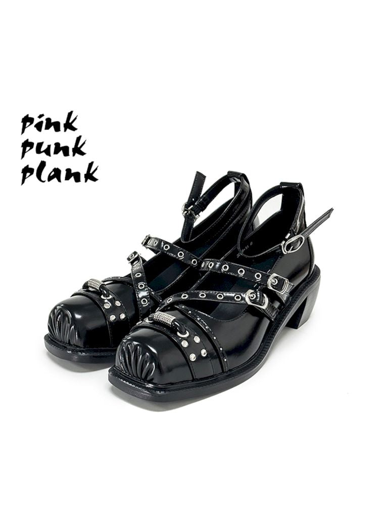 Black Punk Pig Nose Square Toe Studded Mary Jane Single Shoes