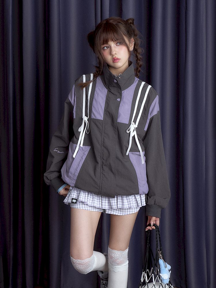 Gray Purple Loose Waterproof Jacket