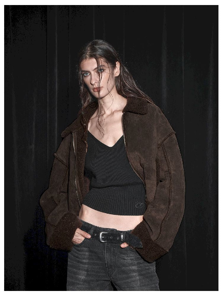 Patchwork Suede Lamb Fur Loose Zipper Jacket