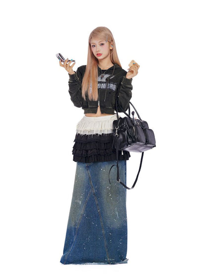 Washed splash ink flinging point spray denim bustier skirt