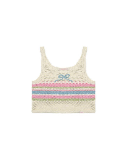 Cutout collision color striped bow tank top