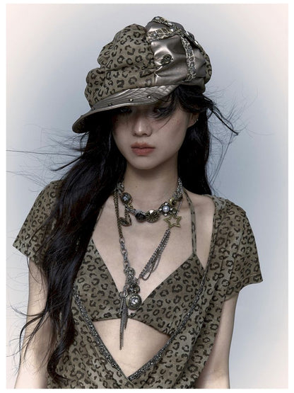 Punk Leopard Print Splicing Rivets Beret