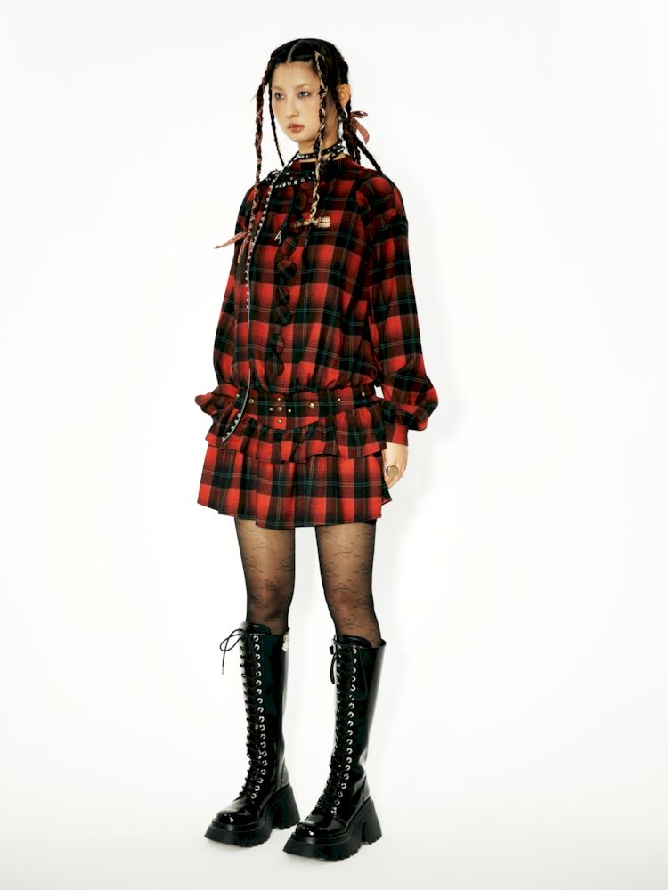 Plaid waist slimming mini cake dress