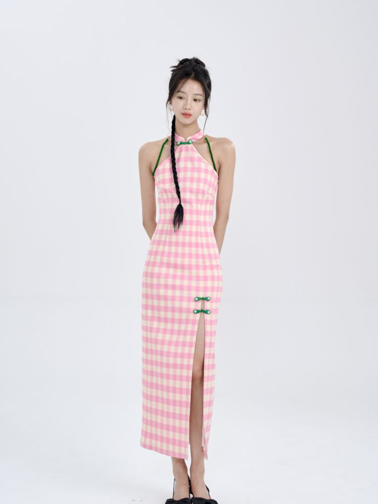 Pink Check Slim Long Cheongsam Dress