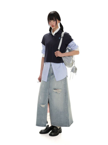 Multiple holes denim long skirt