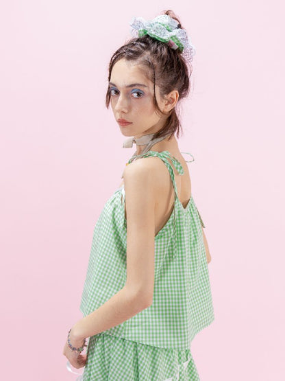 Green Plaid Bow Loose Short Suspenders