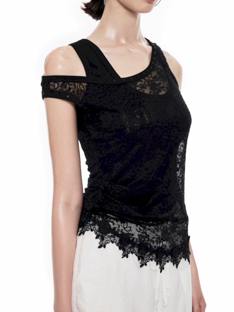 Slant Shoulder Asymmetric Lace See Through Overlay Vest