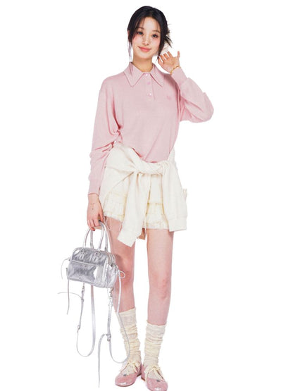 Polo collar long-sleeved jumper