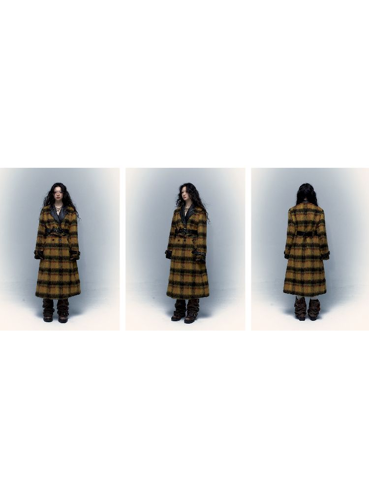 Reversible plaid patchwork leather trench coat