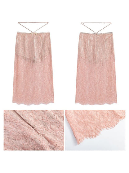 Peach Lace Camisole + Low Waist Lace Half Skirt Set