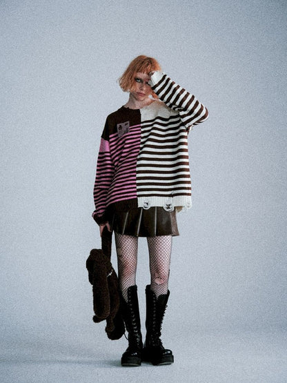 Color-Crossing Stripe Hole Breaking Knit Sweater