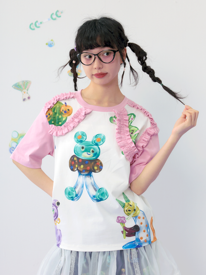 Candy print frilly lace cotton T-shirt