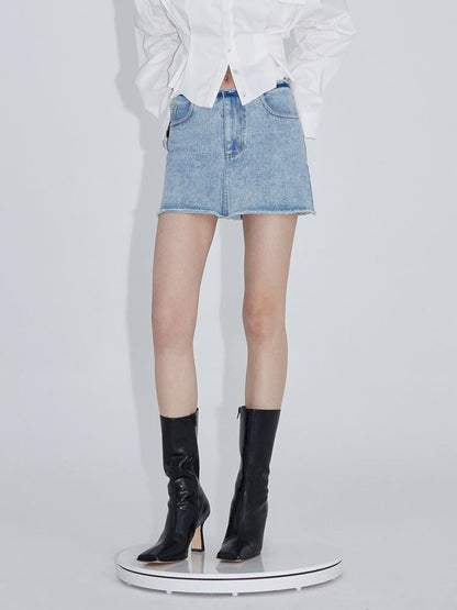 Pinch pleated broken holes Raw edge denim skirt