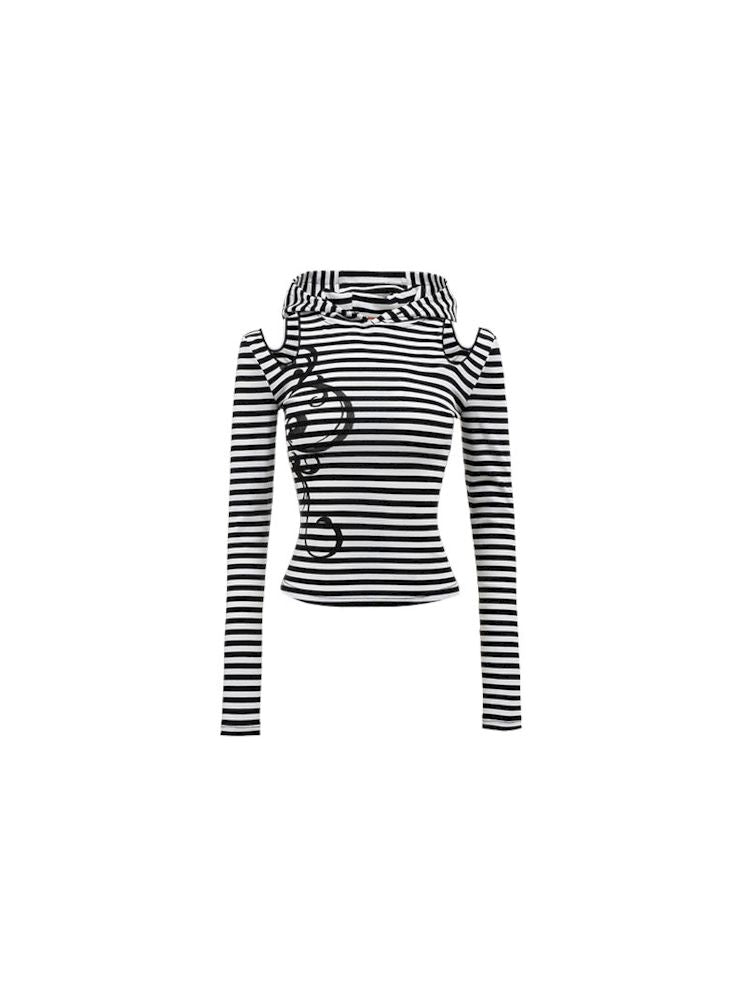 Striped Cat Ears Hooded Bottom Shirt