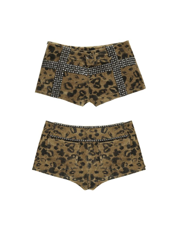 Heavy Gold Stamped Rivets Leopard Print Shorts